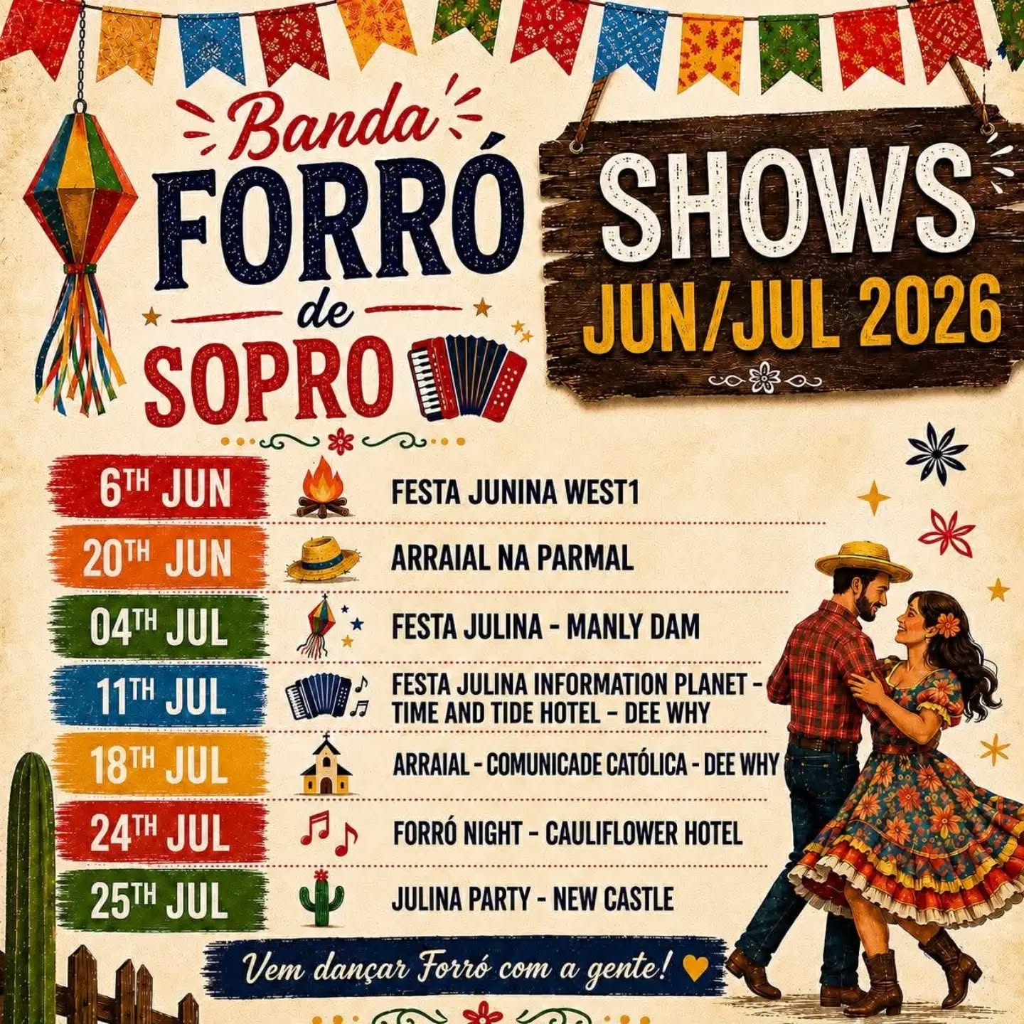 Poster com agenda de shows Forró de Sopro Jun/Jul 2026